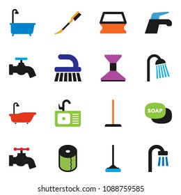 solid vector ixon set - soap vector, water tap, fetlock, mop, sponge, car, bath, toilet paper, shower, sink