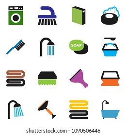 solid vector ixon set - soap vector, scraper, fetlock, sponge, towel, washer, washing powder, shower, bath