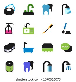 solid vector ixon set - soap vector, sponge, car fetlock, bath, toilet brush, liquid, paper, shower, sink, water tap, tooth