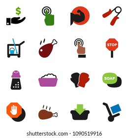 solid vector ixon set - soap vector, cleaner trolley, foam basin, hand mill, chicken leg, investment, trainer, muscule, boxing glove, touchscreen, stop, basket