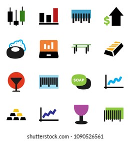 solid vector ixon set - soap vector, graph, gold ingot, japanese candle, laptop, dollar growth, horizontal bar, glass, barcode