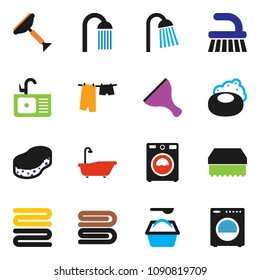 solid vector ixon set - soap vector, scraper, fetlock, sponge, towel, bath, drying clothes, washer, washing powder, shower, sink