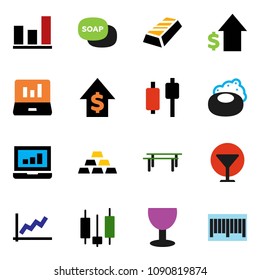 solid vector ixon set - soap vector, graph, gold ingot, japanese candle, laptop, dollar growth, horizontal bar, glass, barcode