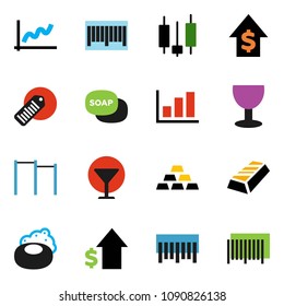 solid vector ixon set - soap vector, graph, gold ingot, japanese candle, dollar growth, horizontal bar, glass, barcode