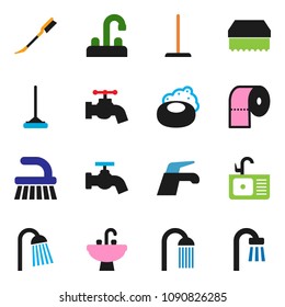 solid vector ixon set - soap vector, water tap, fetlock, mop, sponge, car, toilet paper, shower, sink, bath