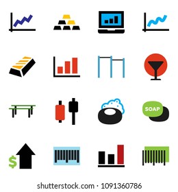 solid vector ixon set - soap vector, graph, gold ingot, japanese candle, laptop, dollar growth, horizontal bar, glass, barcode