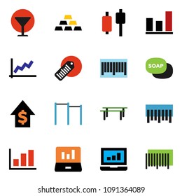 solid vector ixon set - soap vector, graph, japanese candle, laptop, dollar growth, gold ingot, horizontal bar, glass, barcode