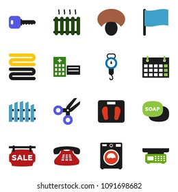 solid vector ixon set - soap vector, washer, scales, towel, mushroom, scissors, flag, calendar, classic phone, hospital building, key, fence, sale signboard, heating, store