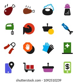 solid vector ixon set - soap vector, rubber glove, hand mill, mixer, blender, chicken leg, trainer, muscule, traking, cargo, medical room, stop, basket, tap pay