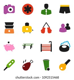 solid vector ixon set - soap vector, trash bin, toaster, double boiler, chicken leg, piggy bank, horizontal bar, boxing glove, shorts, client, camera, group, ambulance star, thermometer, crib