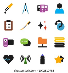 solid vector ixon set - soap vector, car fetlock, shining, towel, drawing compass, heart pulse, water bottle, video camera, dropper, network folder, server, undo, user, wireless, shopping list, star