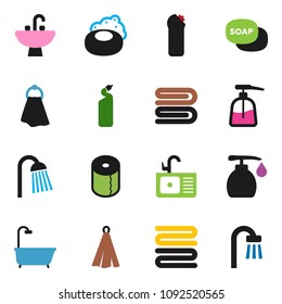 solid vector ixon set - soap vector, towel, liquid, cleaning agent, toilet paper, shower, sink, bath