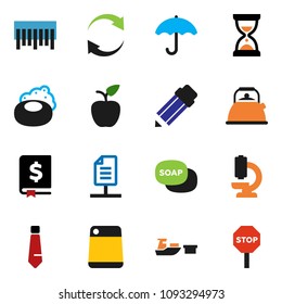 solid vector ixon set - soap vector, kettle, cutting board, pencil, apple fruit, annual report, sand clock, tie, port, umbrella, barcode, microscope, refresh, network document, stop