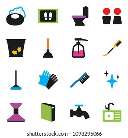 solid vector ixon set - soap vector, plunger, fetlock, mop, trash bin, water tap, car, shining, welcome mat, toilet, washing powder, liquid, rubber glove, closet, sink
