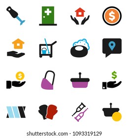 solid vector ixon set - soap vector, cleaner trolley, house hold, blender, dollar coin, investment, boxing glove, traking, crutches, bandage, medical room, basket