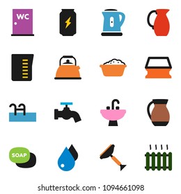 solid vector ixon set - soap vector, scraper, sponge, water drop, tap, foam basin, closet, sink, kettle, measuring cup, jug, enegry drink, pool, heating