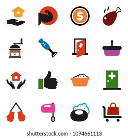 solid vector ixon set - soap vector, foam basin, house hold, hand mill, mixer, blender, chicken leg, dollar coin, muscule, boxing glove, finger up, medical room, basket, trolley