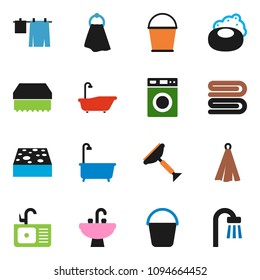 solid vector ixon set - soap vector, scraper, bucket, sponge, towel, bath, drying clothes, washer, sink