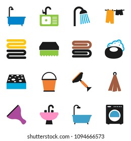 solid vector ixon set - soap vector, scraper, bucket, sponge, towel, bath, drying clothes, shower, sink, washer