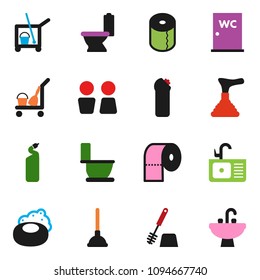 solid vector ixon set - soap vector, plunger, cleaner trolley, toilet, brush, cleaning agent, paper, water closet, sink