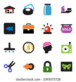 solid vector ixon set - soap vector, vacuum cleaner, jar, scissors, dollar coin, case, ship, radio, backward button, head bandage, arrow, siren, barn, sold signboard, lock, gift