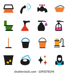solid vector ixon set - soap vector, plunger, vacuum cleaner, mop, bucket, sponge, trash bin, water tap, shining, steaming, toilet, foam basin, liquid, woman
