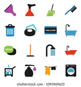 solid vector ixon set - soap vector, plunger, scraper, cleaner trolley, fetlock, mop, scoop, trash bin, welcome mat, bath, drying clothes, liquid, shower, washer