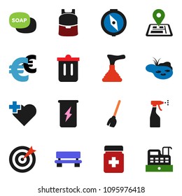 solid vector ixon set - soap vector, plunger, broom, trash bin, sprayer, backpack, compass, euro sign, enegry drink, heart cross, navigator, pills bottle, bench, pond, target, cashbox