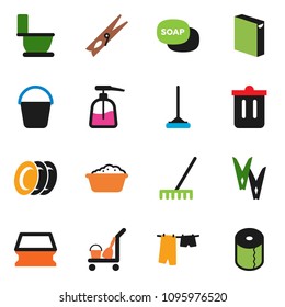 solid vector ixon set - soap vector, cleaner trolley, mop, rake, bucket, clothespin, sponge, trash bin, toilet, drying clothes, foam basin, washing powder, liquid, plates, paper