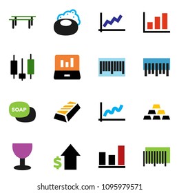 solid vector ixon set - soap vector, graph, gold ingot, japanese candle, laptop, dollar growth, horizontal bar, glass, barcode