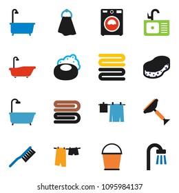 solid vector ixon set - soap vector, scraper, fetlock, bucket, sponge, towel, bath, drying clothes, washer, sink