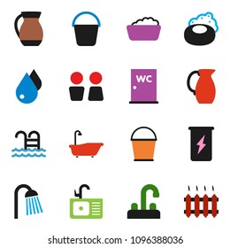solid vector ixon set - soap vector, bucket, water drop, bath, foam basin, shower, closet, sink, tap, jug, enegry drink, pool, heating