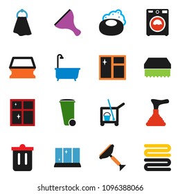 solid vector ixon set - soap vector, plunger, scraper, cleaner trolley, sponge, towel, trash bin, window cleaning, bath, washer, shining