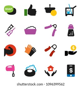 solid vector ixon set - soap vector, cleaner trolley, foam basin, rubber glove, house hold, hand mill, mixer, investment, trainer, muscule, finger up, crutches, basket, tap pay