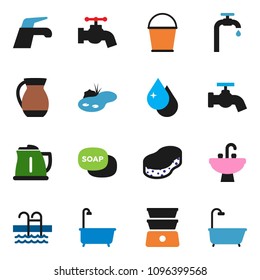 solid vector ixon set - soap vector, water tap, bucket, sponge, drop, bath, sink, kettle, double boiler, jug, pool, pond, supply