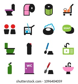 solid vector ixon set - soap vector, cleaner trolley, toilet, brush, cleaning agent, paper, water closet, sink