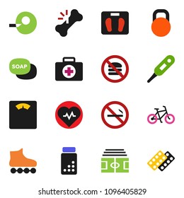 solid vector ixon set - soap vector, scales, heart pulse, stadium, pills vial, bike, roller Skates, no smoking, fastfood, first aid kit, weight, thermometer, insemination, broken bone, blister