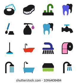 solid vector ixon set - soap vector, fetlock, mop, sponge, water tap, bath, toilet brush, liquid, paper, shower, tooth