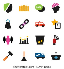 solid vector ixon set - soap vector, plunger, towel, trash bin, meat hammer, man, protected, equalizer, amkbulance car, head bandage, usb modem, favorites, chain, fence, relocation truck, basket