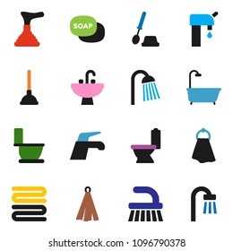 solid vector ixon set - soap vector, plunger, water tap, fetlock, towel, toilet, brush, shower, sink, supply, bath