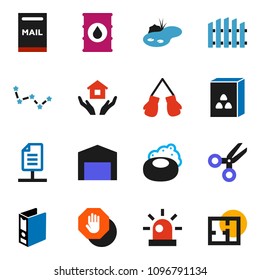 solid vector ixon set - soap vector, house hold, cereal, scissors, constellation, binder, boxing glove, oil barrel, network document, stop, siren, pond, mailbox, barn, fence, plan