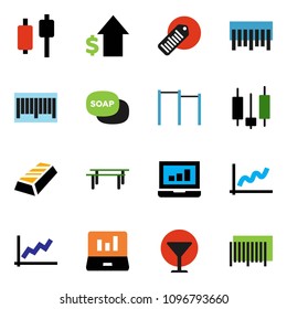 solid vector ixon set - soap vector, graph, gold ingot, japanese candle, laptop, dollar growth, horizontal bar, glass, barcode