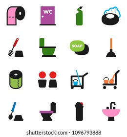 solid vector ixon set - soap vector, plunger, cleaner trolley, toilet, brush, cleaning agent, paper, water closet, sink