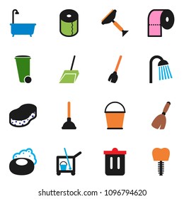 solid vector ixon set - soap vector, plunger, scraper, cleaner trolley, broom, scoop, bucket, sponge, trash bin, bath, toilet paper, shower, tooth implant