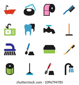 solid vector ixon set - soap vector, fetlock, mop, sponge, water tap, car, bath, toilet brush, paper, sink, tooth
