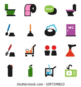solid vector ixon set - soap vector, plunger, cleaner trolley, toilet, brush, cleaning agent, paper, water closet, sink