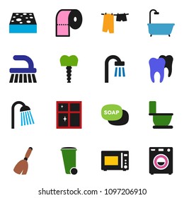 solid vector ixon set - soap vector, broom, fetlock, sponge, trash bin, toilet, drying clothes, shining window, paper, shower, microwave oven, tooth, implant, bath, washer