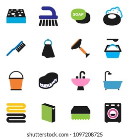 solid vector ixon set - soap vector, scraper, fetlock, bucket, sponge, towel, washing powder, sink, bath, washer