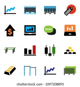 solid vector ixon set - soap vector, graph, gold ingot, japanese candle, laptop, dollar growth, horizontal bar, barcode