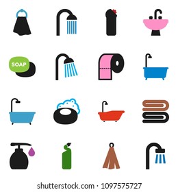 solid vector ixon set - soap vector, towel, bath, liquid, cleaning agent, toilet paper, shower, sink